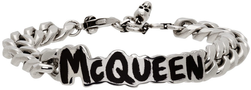 Alexander McQueen: Silver Graffiti Logo Bracelet | SSENSE