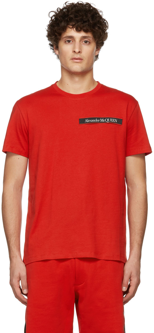 Alexander McQueen: Red Selvedge Logo Tape T-Shirt | SSENSE UK