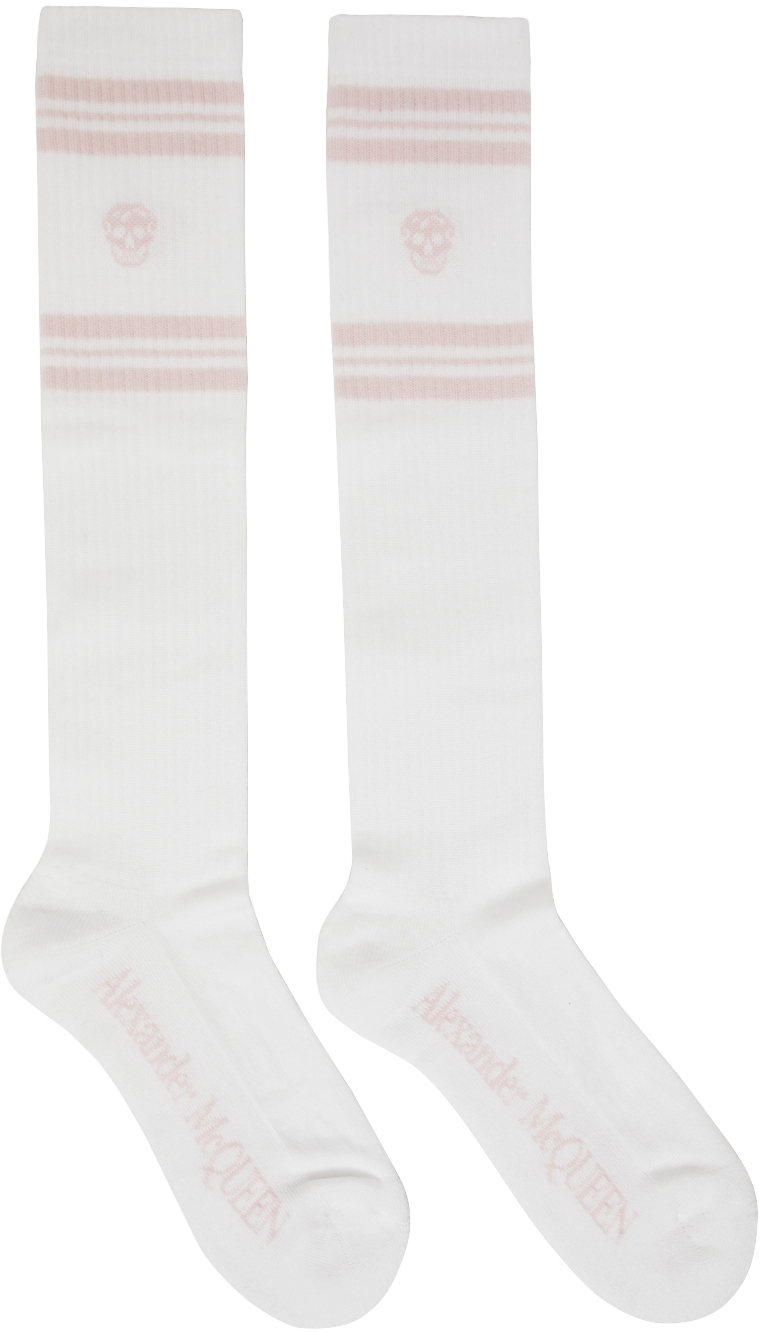 White & Pink Stripe Skull Socks