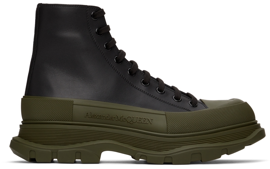 Alexander McQueen Black & Khaki Leather Tread Slick Sneakers
