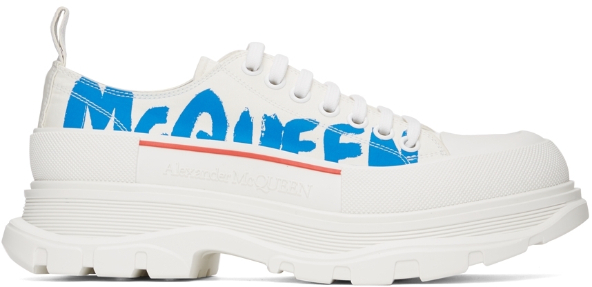 Alexander McQueen White & Blue Tread Slick Graffiti Sneakers