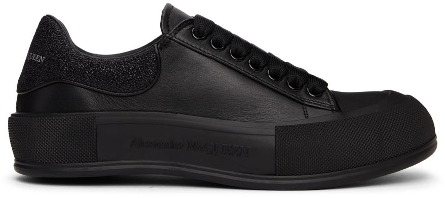 Alexander McQueen Black Glitter Deck Plimsoll Sneakers