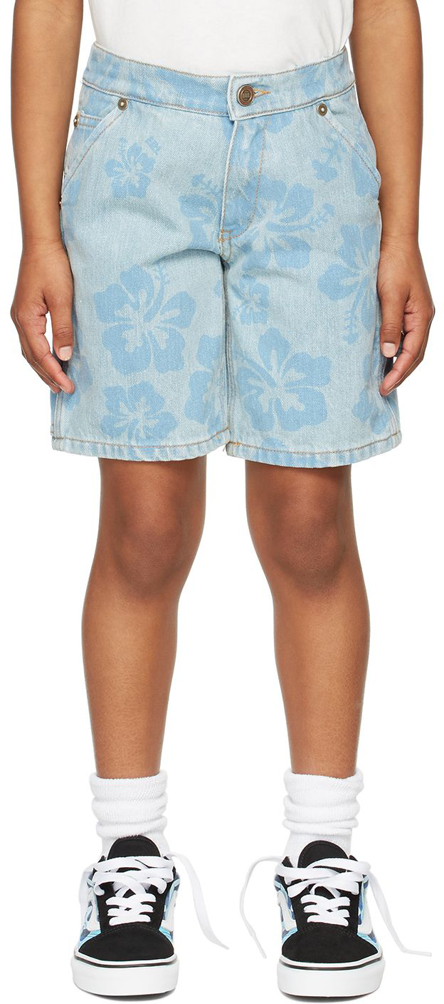 Shop Erl Kids Blue Denim Hibiscus Shorts