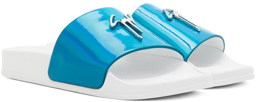 Giuseppe Zanotti Blue & White New Laburela Pool Slides In Turquoise