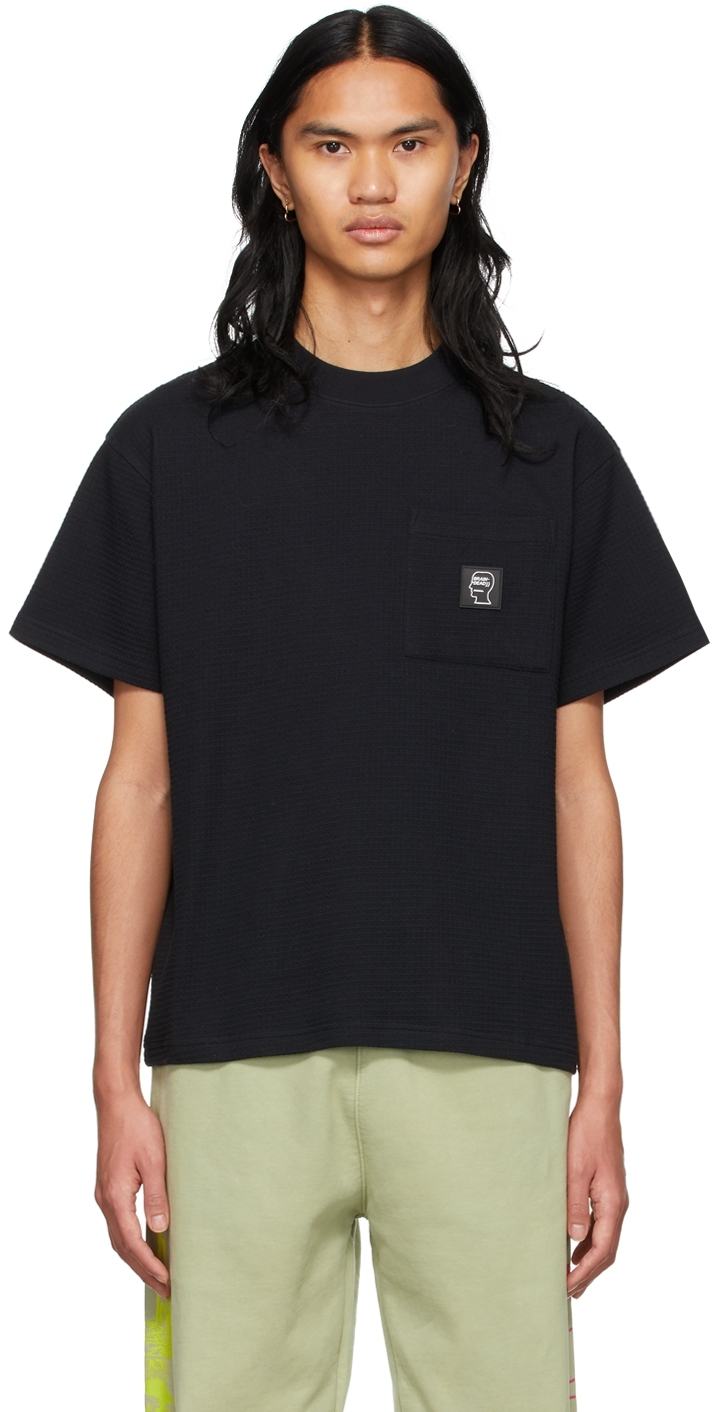 Black Mini Waffle Mock Neck T-Shirt by 