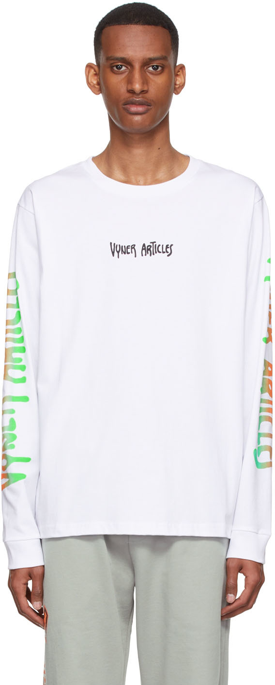 Vyner Articles White Organic Cotton Long Sleeve T-shirt In White/multi