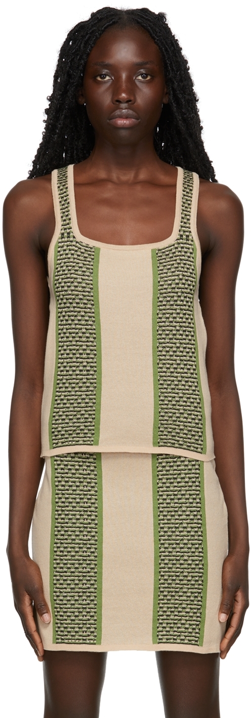 Beige & Green Textured Knit Tank Top