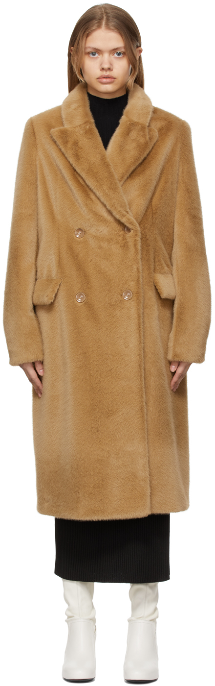 Stand Studio Minou Double Breasted Faux Fur Coat In Brown | ModeSens