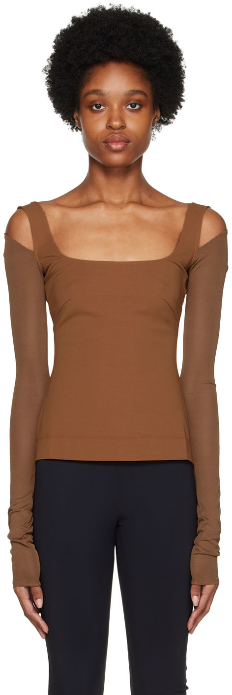 Brown Cutout Long Sleeve T-Shirt