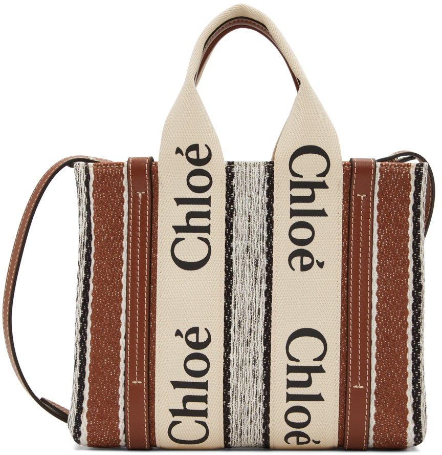 Chloé Off-White & Brown Linen Striped Small Woody Tote