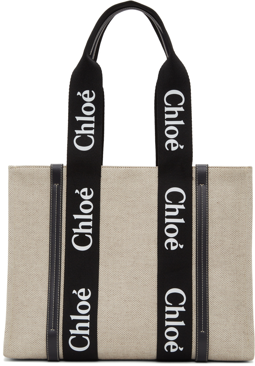 Chloé Off-White & Black Medium Woody Tote