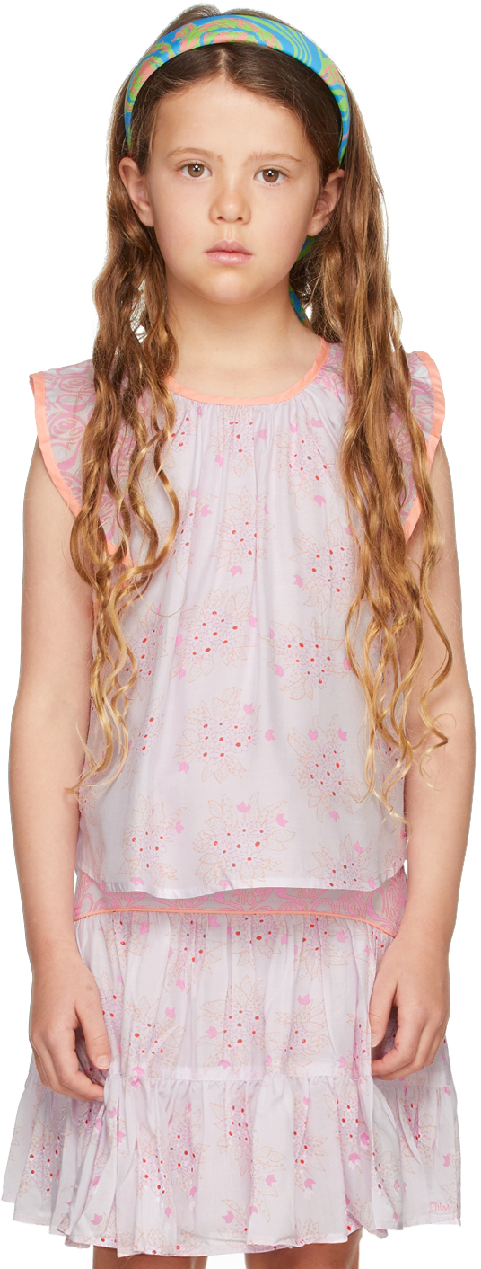 Chloé Kids Pink Floral Ruffle Tank Top In S79 Rose