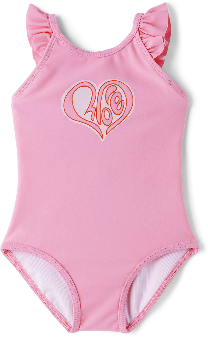 Baby Pink Heart Logo One-Piece Swimsuit SSENSE Sport & Swimwear Swimwear Swimsuits 