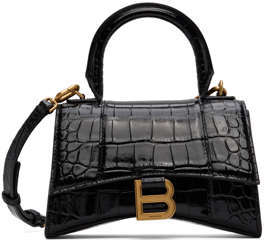 Balenciaga Black Croc XS Hourglass Top Handle Bag