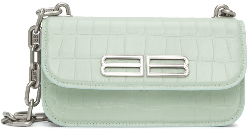 Balenciaga Gossip Bb Logo Croc Embossed Leather Shoulder Bag In 3906 Light Green