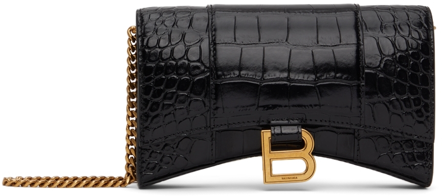 Balenciaga Black Croc XS Hourglass Shoulder Bag