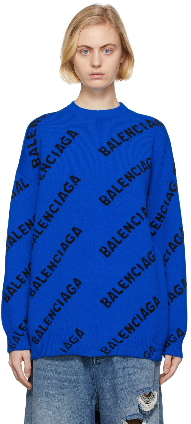 Balenciaga Women's Oversized Logo-knit Sweater In 3964 Blue/black