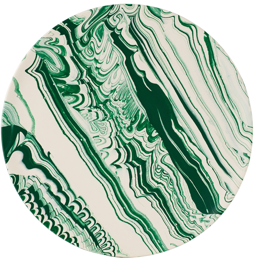 Åben Green Poured Round Plate In White With Dark Gree