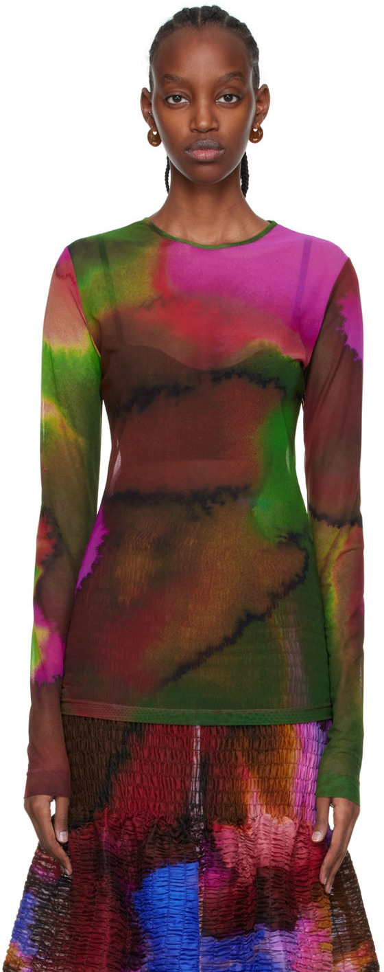 Dries Van Noten Watercolor Long-sleeve Stretch Mesh Top In Dries Van Noten Watercolor Long-sleeve Stretch Mesh Top In