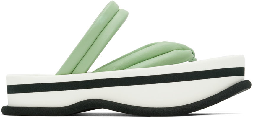 Green & White Leather Flat Sandals