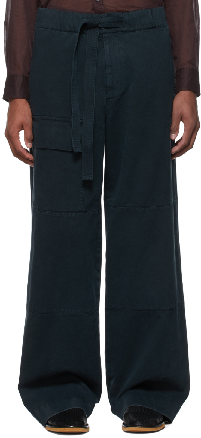 Navy Cotton Cargo Pants by Dries Van Noten on Sale