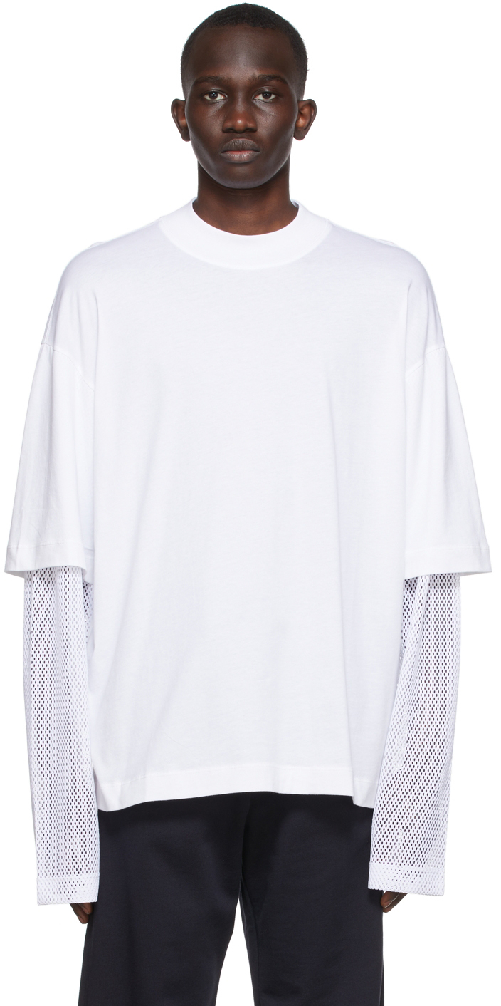 White Mesh Double Layer Long Sleeve T-Shirt