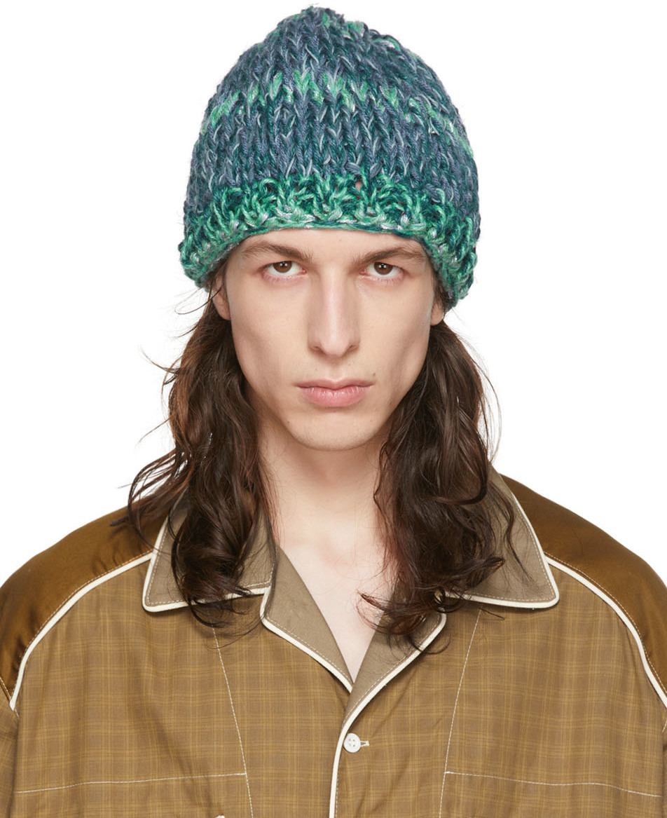 Nicholas Daley: Blue & Green Hand-Knit Beanie | SSENSE