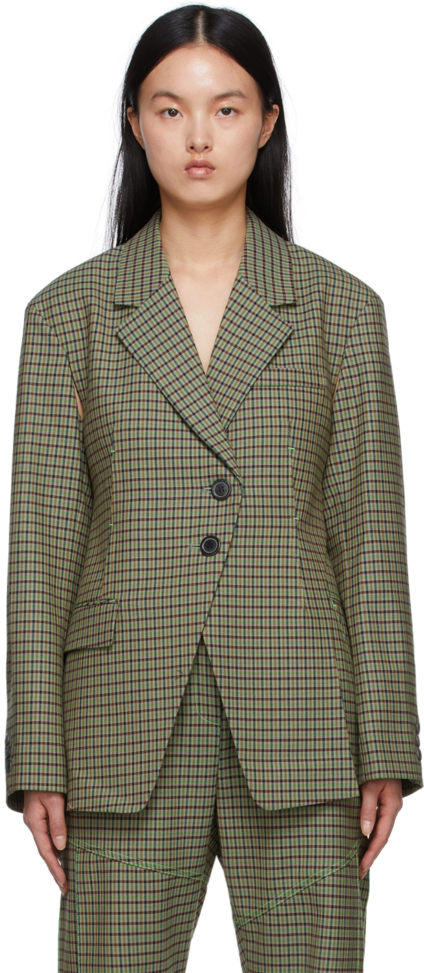Andersson Bell Celina Cutout Tie-detailed Checked Wool-blend Blazer In Green Check
