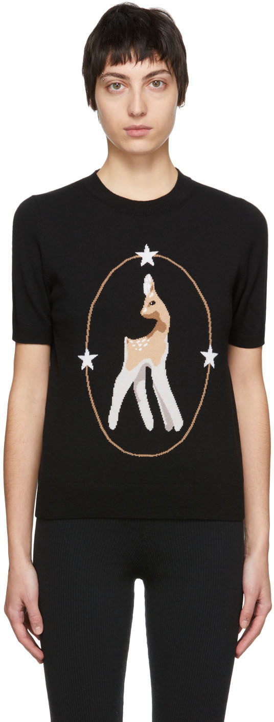 Burberry Black Wool & Cashmere Deer Graphic Intarsia T-Shirt