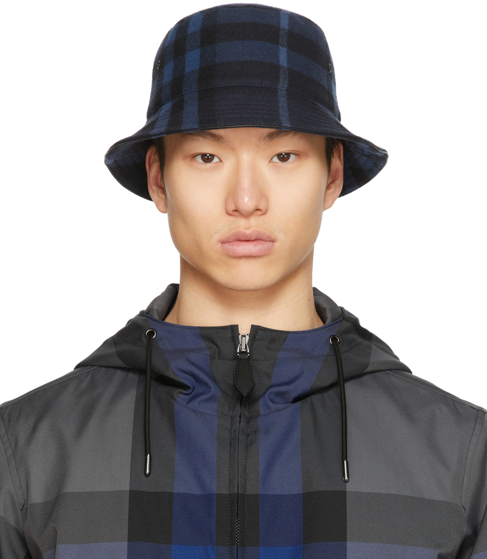 Burberry: Black & Blue Wool Check Bucket Hat | SSENSE