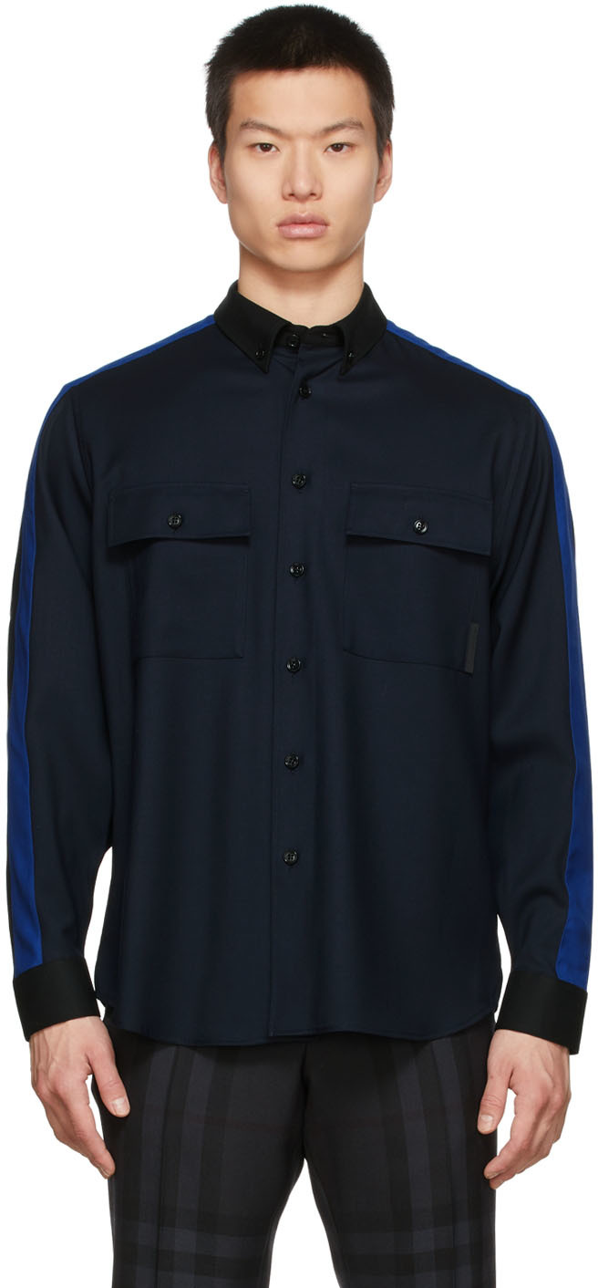 Burberry: Navy Wool Twill Shirt | SSENSE