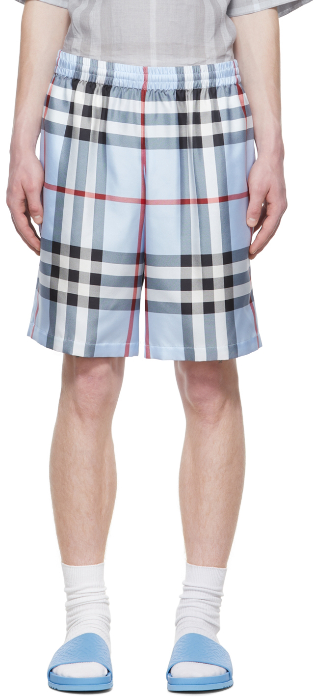 Shop Burberry Blue Silk Shorts In Pale Blue Ip Check