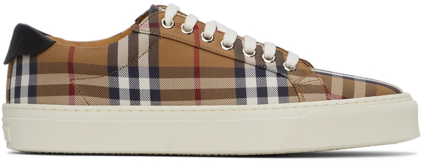 Brown Check Canvas & Calfskin Sneakers