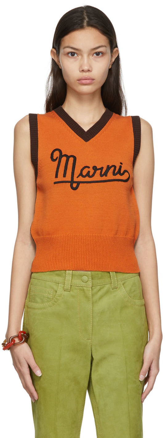 Marni Orange & Brown Logo V-Neck Sweater