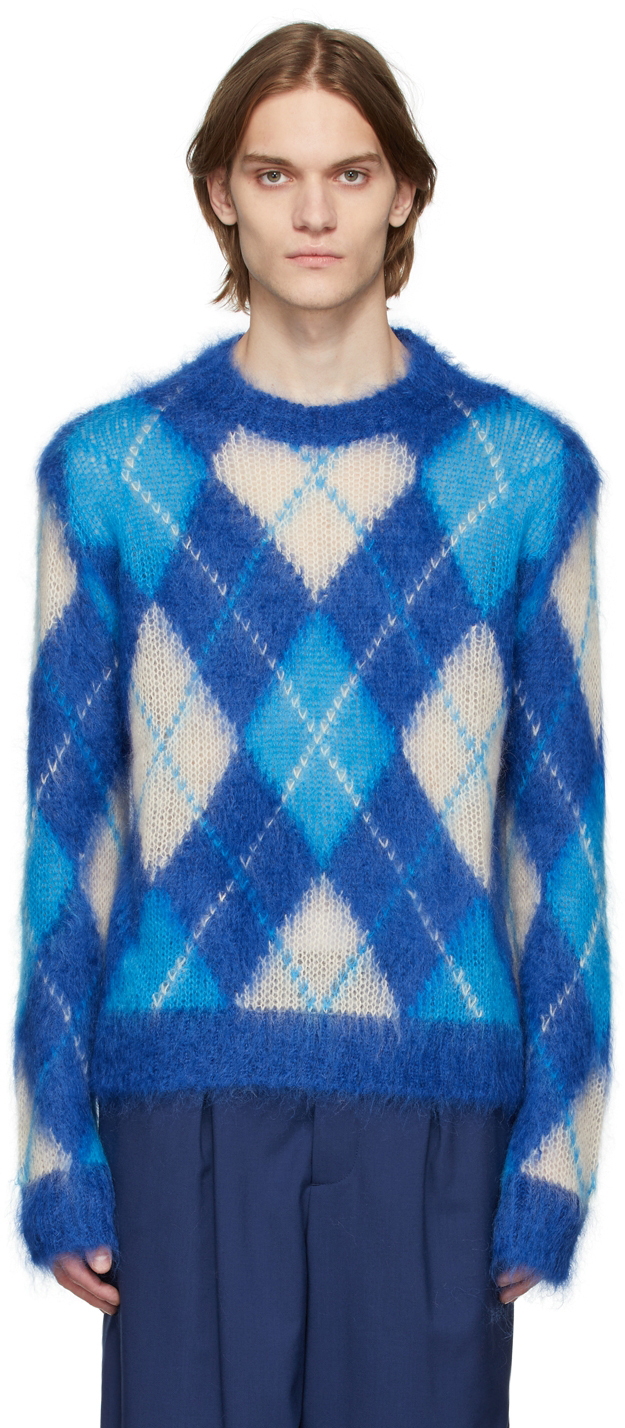 Marni: Blue Iconic Mohair Argyle Sweater | SSENSE