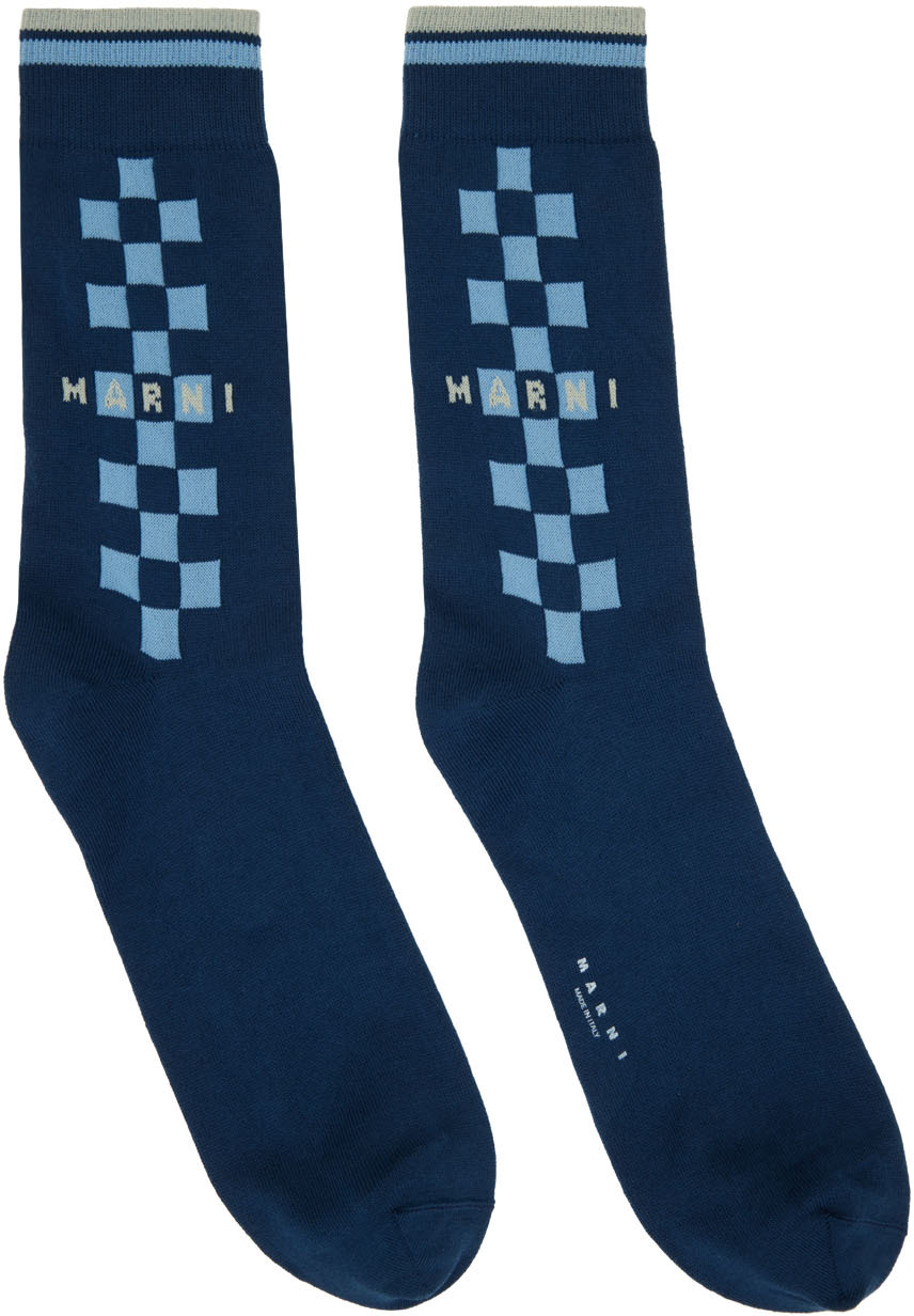 Marni Navy Check Logo Socks