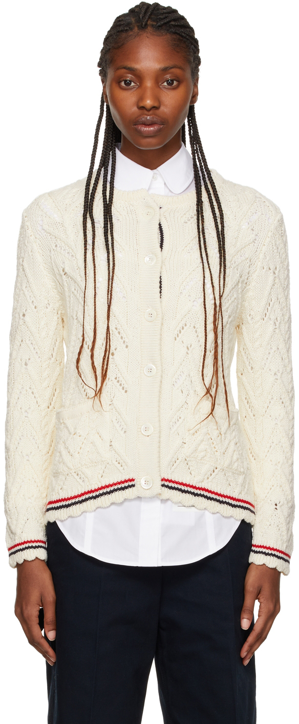 Thom Browne Off-White Pointelle Cable Knit Cardigan