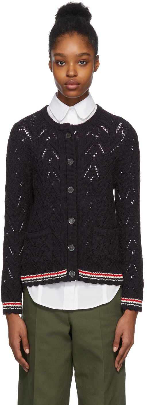 Thom Browne Navy Pointelle Cable Knit Cardigan