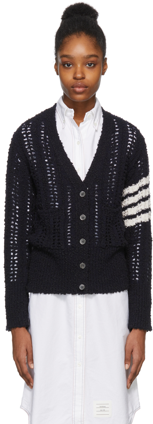 Thom Browne Navy Open Knit Boucle Cardigan