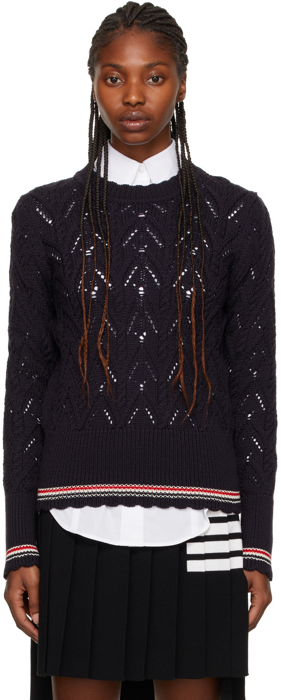 Thom Browne Navy Pointelle Cable Knit Sweater