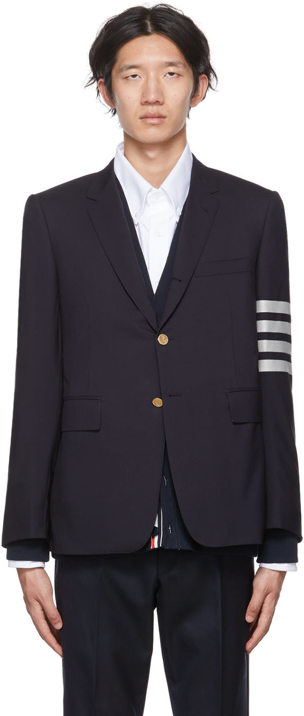 Thom Browne: Navy Plain Weave Classic Sport 4-Bar Fit-1 Suiting Blazer