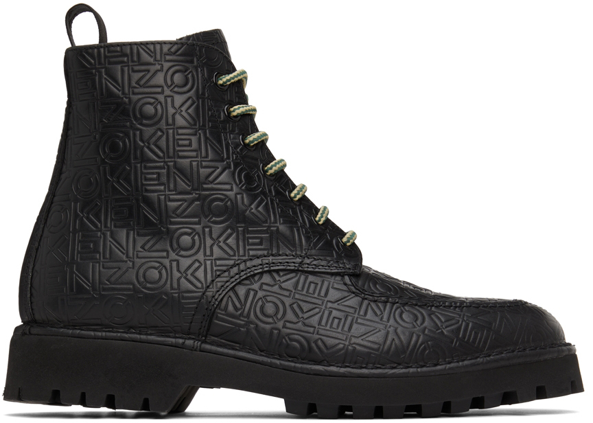 Kenzo Black Leather K-Mount Laced Ankle Boots