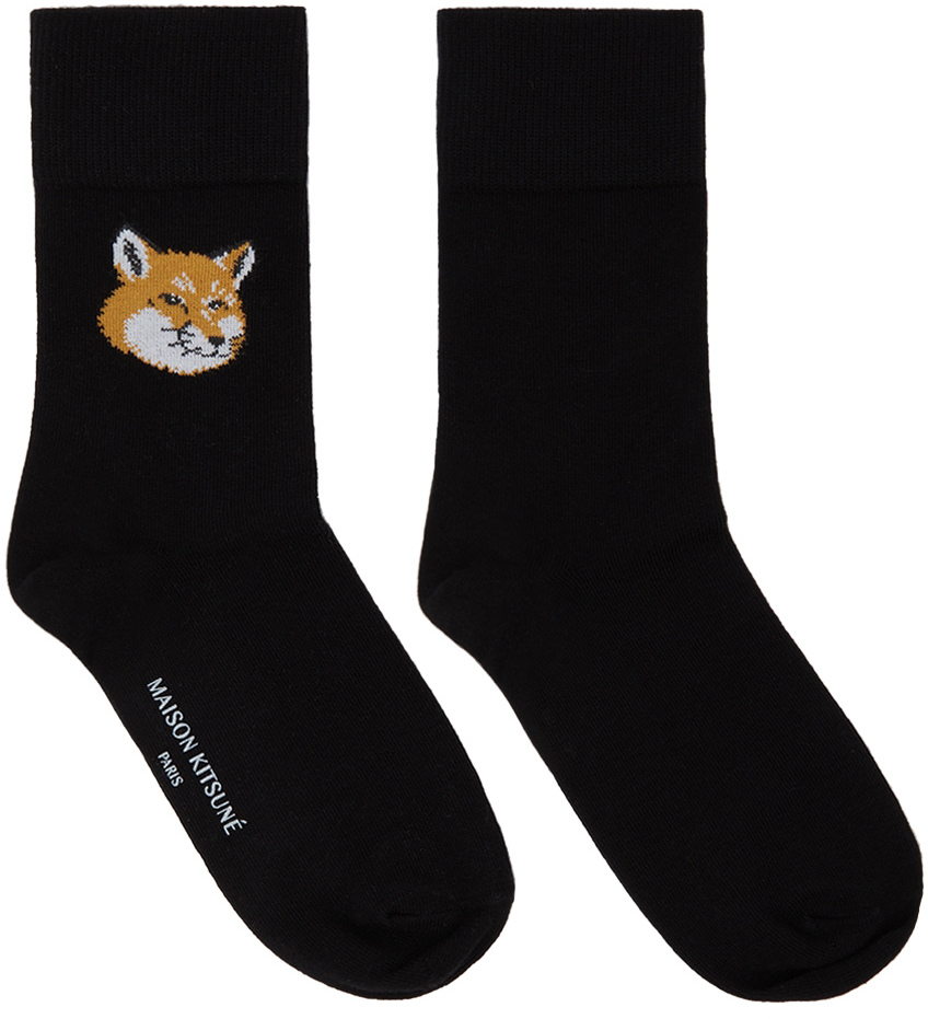 Shop Maison Kitsuné Black Fox Head Socks In P199 Black