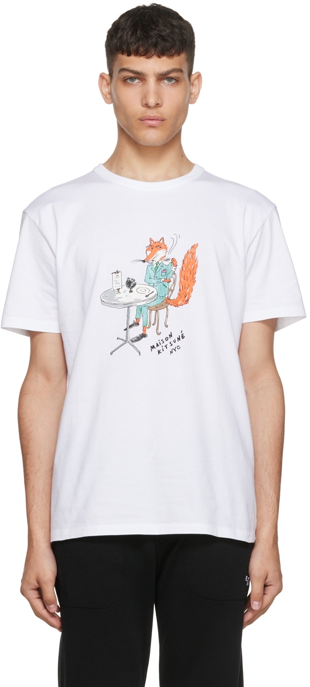 Maison Kitsuné White Olympia Le-Tan Coffee Fox T-Shirt | Smart Closet