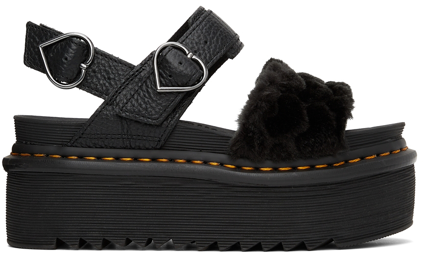 Dr. Martens Black Faux-Fur Voss Quad Fluffy Platform Sandals