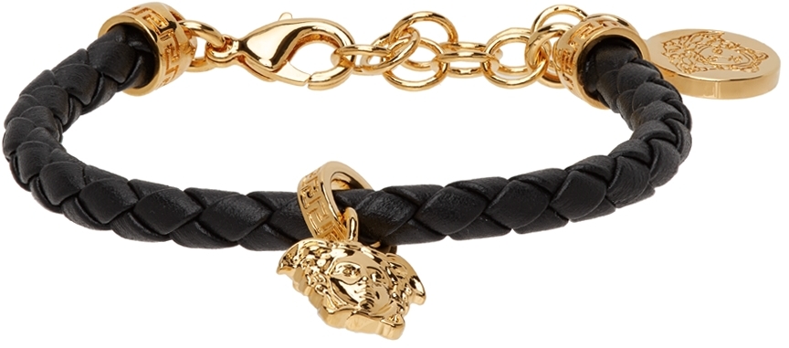 Versace Black & Gold Leather Braided Charm Bracelet