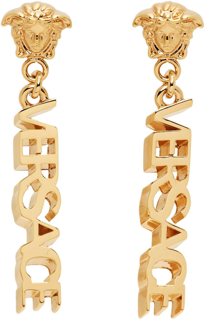 Gold Logo Drop Earrings by Versace on Sale