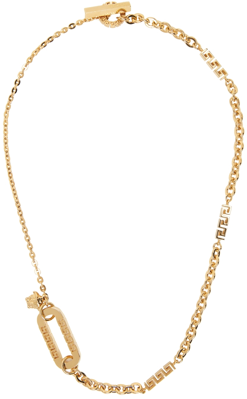 Versace Gold Round Logo Necklace In 