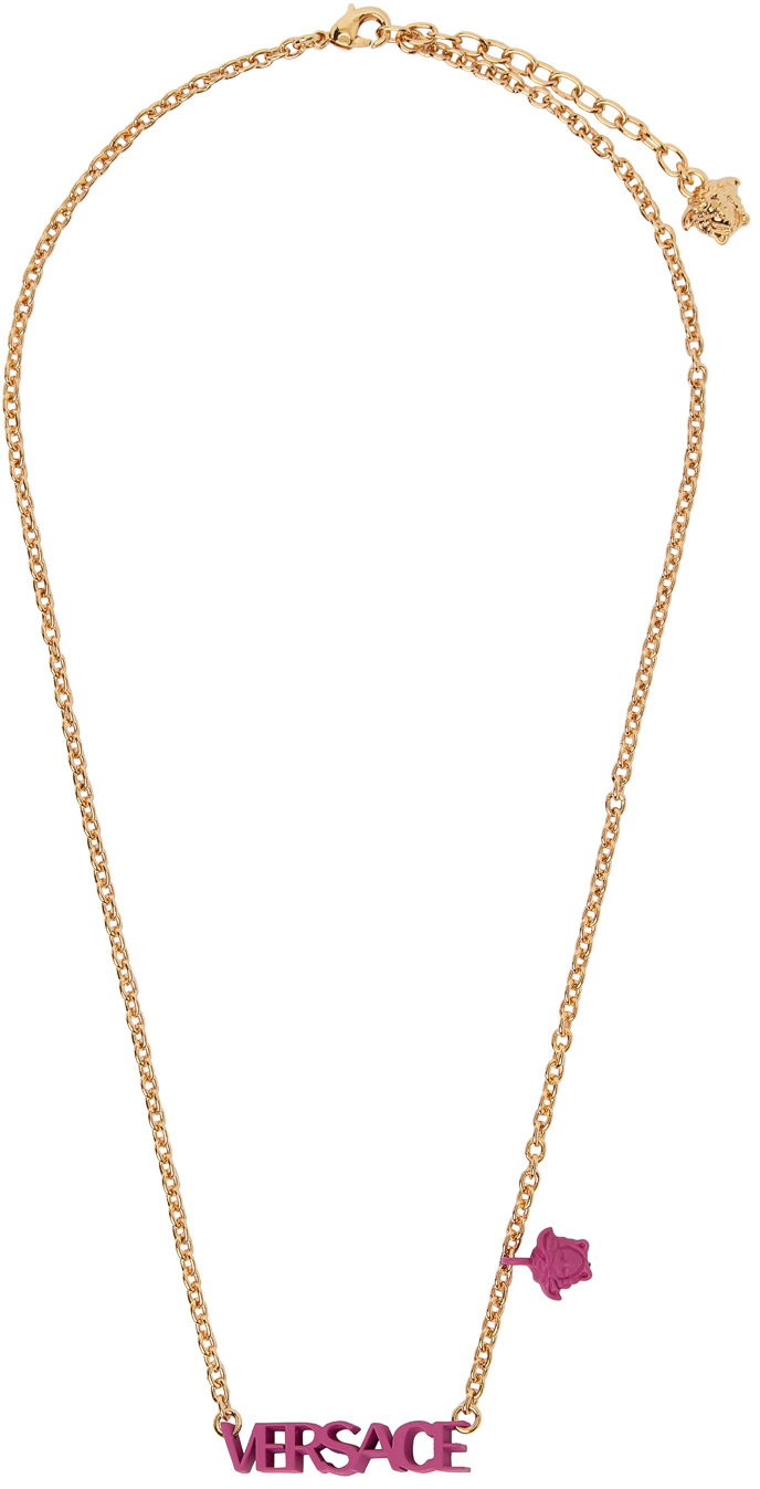 Versace Gold & Burgundy Logo Charm Necklace In 4j46v Red/gold