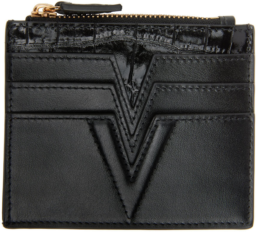 Versace Black Croc V Logo Zip Card Holder
